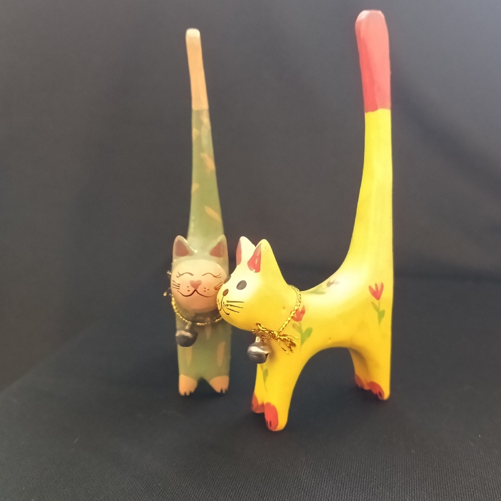 Two Handcrafted Wood Mini Cat Figurines - Green and Yellow - Picture 17 of 17